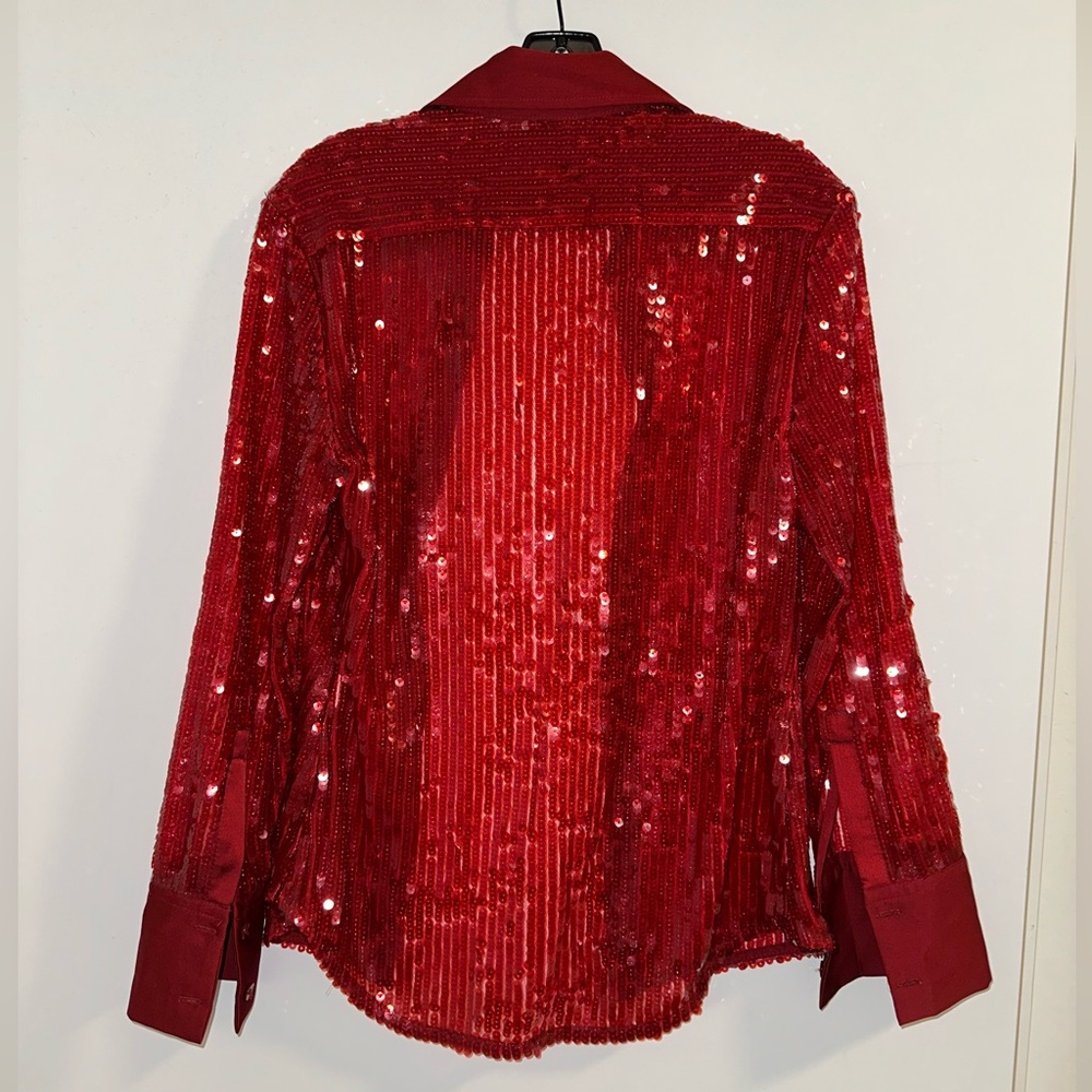 Festive Red Sequin Button Down Top - image 2